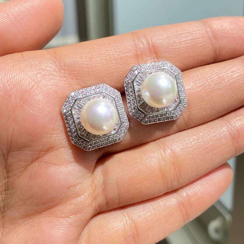 Huitan Gorgeous Square Shaped Stud Earrings with Imitation Pearl Full Sparkling Cubic Zircon Wedding Party Luxury Trendy Jewelry