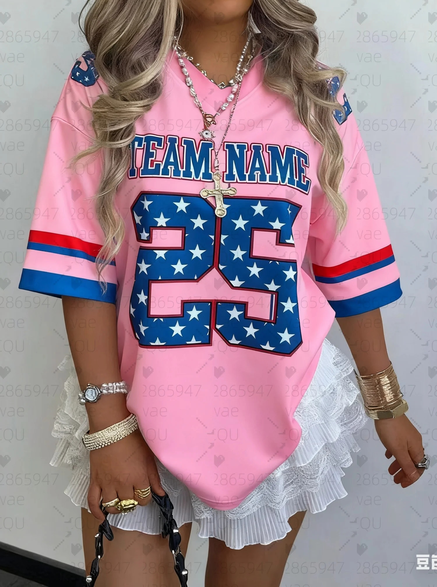 Summer Women Number 25 Print V-Neck Short Sleeve T-Shirt Summer Tee Baseball s Stripe Oversized Sport T-Shirt 251231