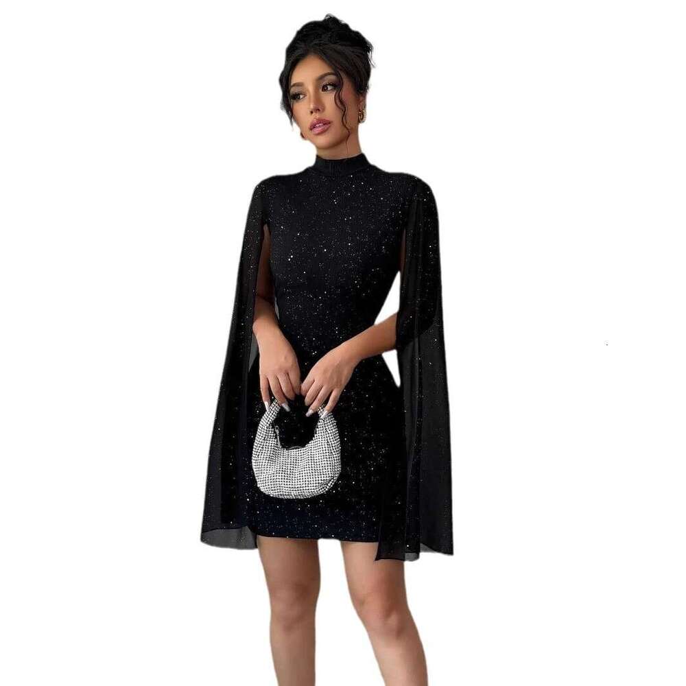 European and American Style Women's Shiny Printed High Neck Lantern Sleeve Tight Sexy Hot Girl Party Bodycon Dress