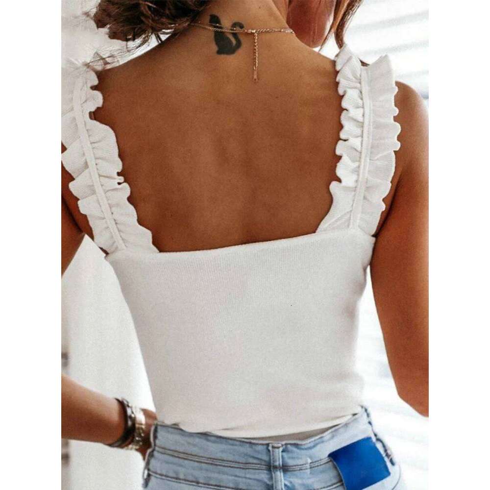 Tank Square Collar Solid Knit Casual Basic Summer Ribbed Slim Ruffles Tops Women