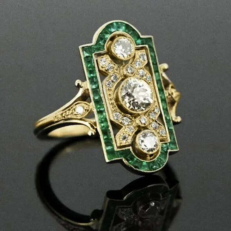 Huitan Geometric Shaped Women Rings Gold Color Green/White Cubic Zirconia Simple Elegant Lady Accessories Party Vintage Jewelry