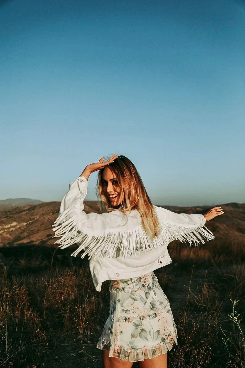 Denim Jacket With Stars White Fringe Pearl Rhinestone Personalized Bride Custom MrsJean Wifey Wedding Coats Tops 251231