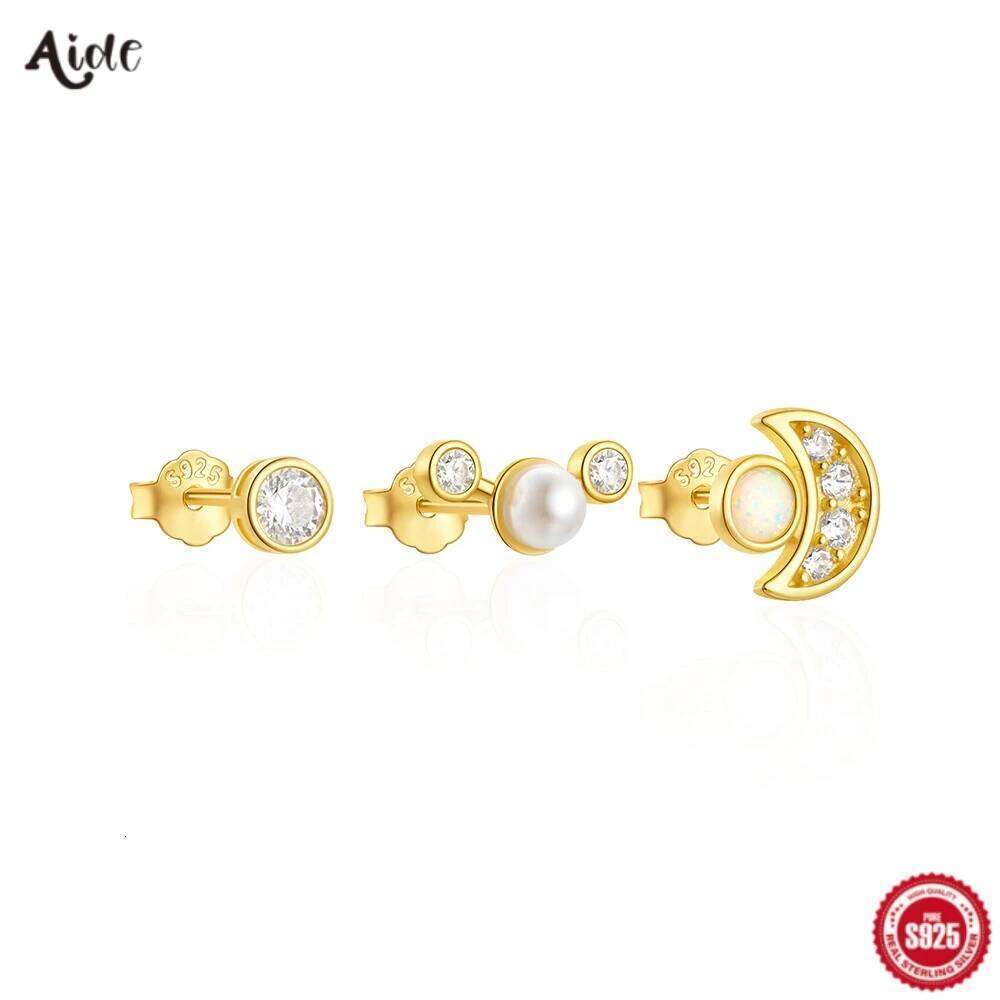 Aide 925 Sterling Silver 3pcs Set Moon Inlaid Zircon With Pearl Piercing Stud Earrings For Women K Gold Bohemian Elegant Jewelry