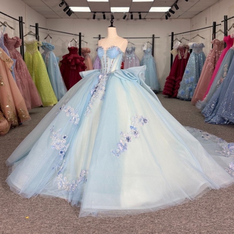 Sky Blue Shiny Quinceanera Dresses Off Shoulder Ball Gown Sweet 16 Dress Applique Flower Beading Crystal Bow Tull Birthday Party Vestidos 15 De Anos