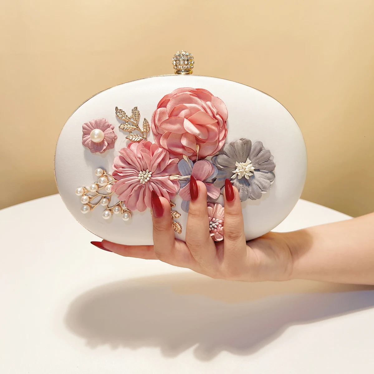 Flower Evening Bags Pink Color Women Small Clutch Purse With Chain Shoulder Flap Diamonds Beading Box 251231