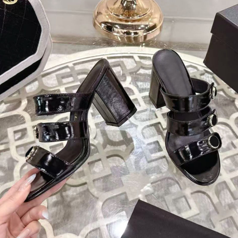 Luxury Designer Women's Genuine Leather High Heel Slippers Summer High Quality Fashion Slide Sandals Sexy Coarse Heels Banquet Lace Buckle Wedding Lace Box
