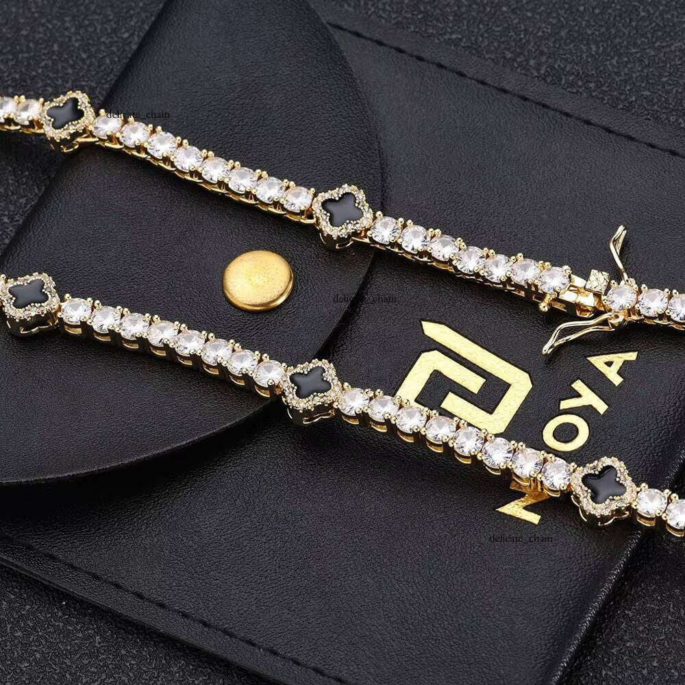 NUOYA Fashion Hiphop Jewelry Four-leaf Clover Tennis Choker Women White Gold Iced Out Cubic VVS Moissanite Chain Necklace