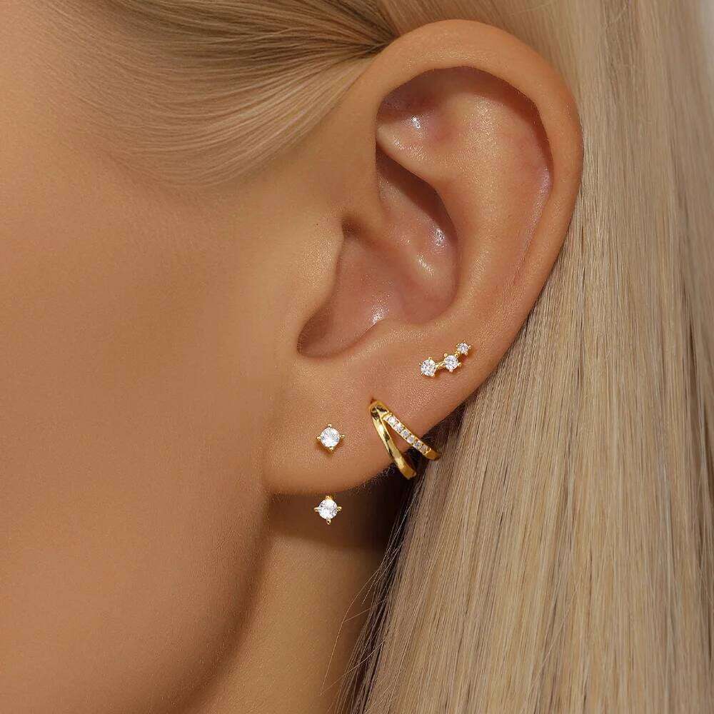 Aide 3pcs/ Set S925 Sterling Silver Leaf Clear Zircon Piercing Earrings for Women Gold Ear Buckles Jewelry Brincos Pendientes