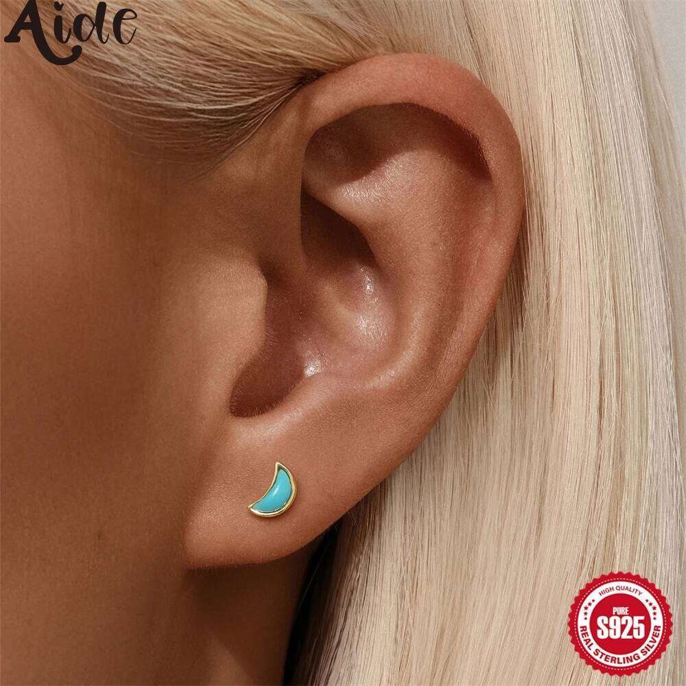 Aide Genuine 925 Sterling Silver Mini Fashion Korean Cute Star Moon Small Stud Earrings for Women Youth Birthday Jewelry Gifts