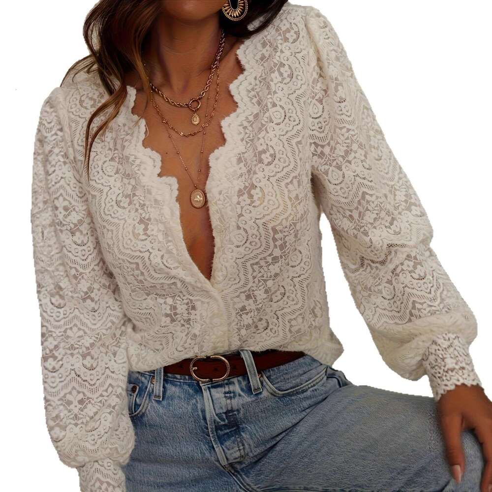 2026 New European and American Cross-Border Hollow Design Loose Sexy Long Sleeve Solid Color V-Neck Lace Blouse