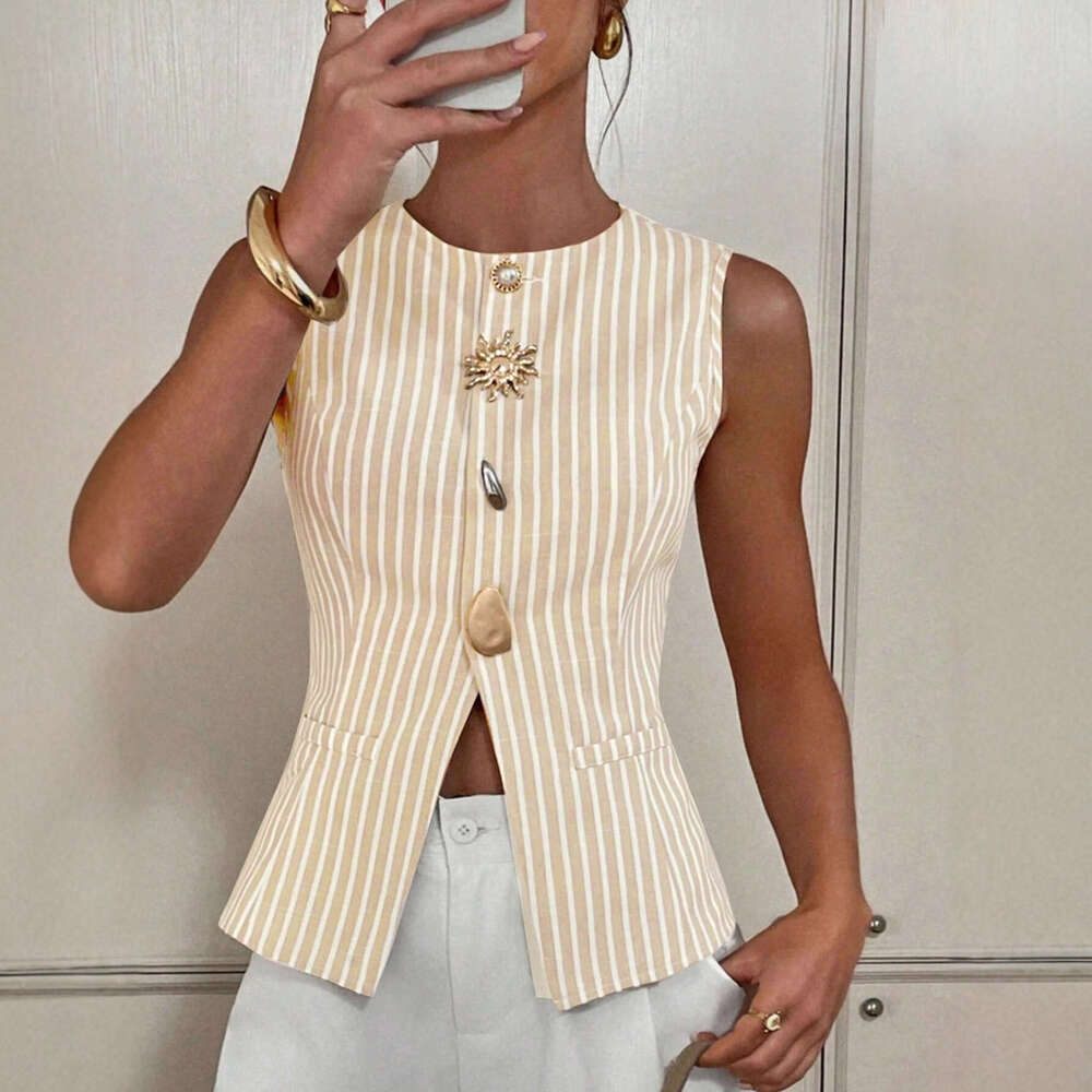 2026 New Women's Fashion European and American Single-Breasted Coat Elegant Striped Round Neck Button Vest Top