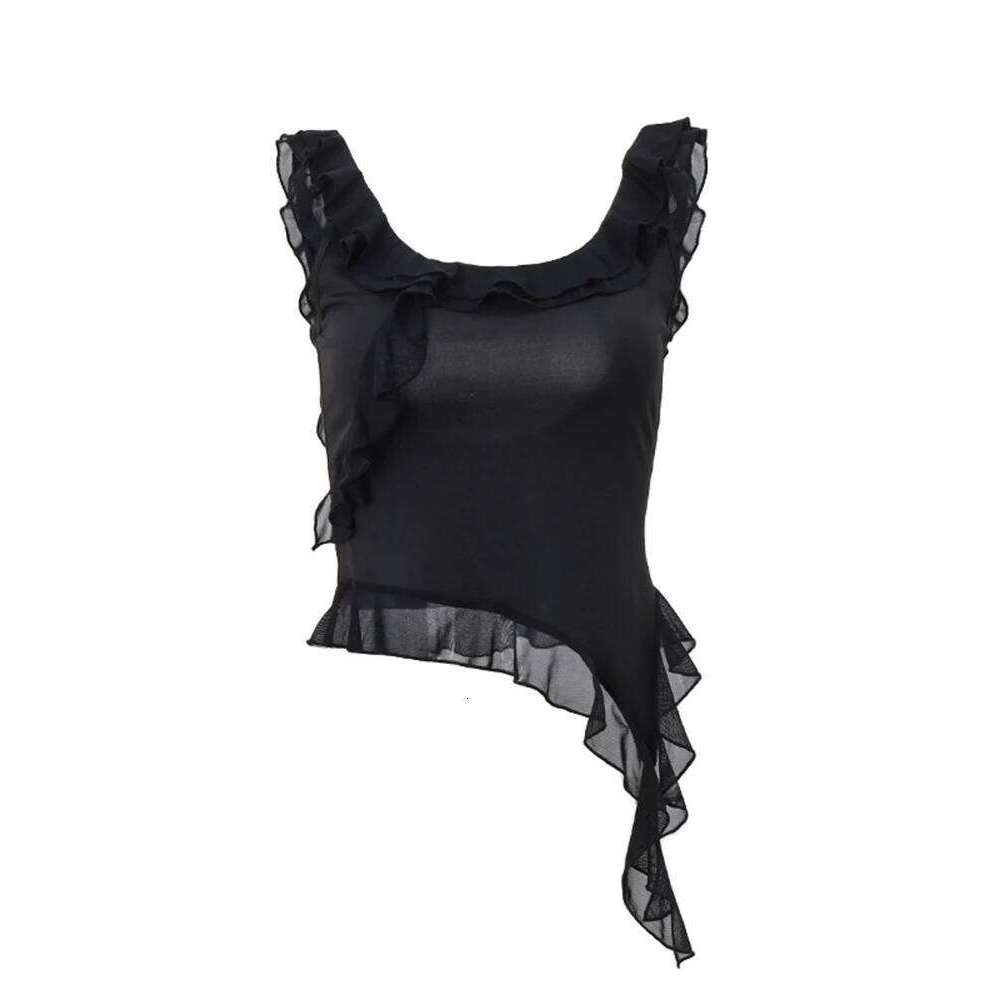 Fashion O-neck Sleeveless Tank Top Sexy Ruffles Backless Irregular Crop Tops 2025 Summer Casual Streetwear Women Camis