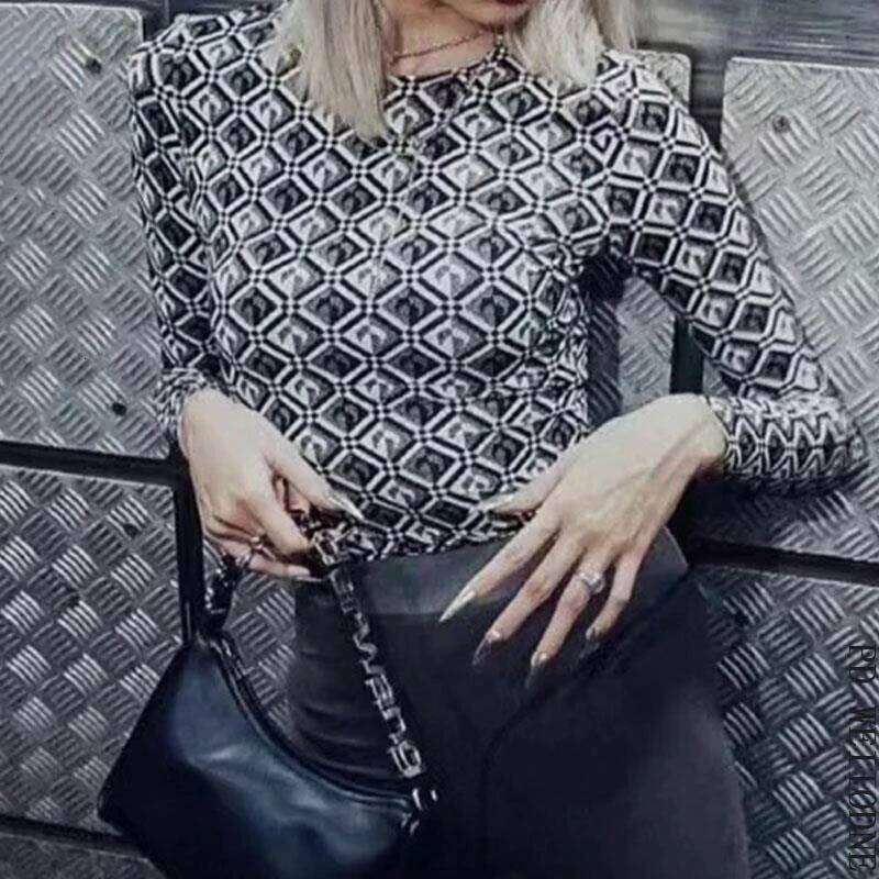 Base Top Women's Long Sleeve T-Shirt Geometric Pattern Ice Silk Sunscreen Elastic Slim Fit European American Fashion Spring New