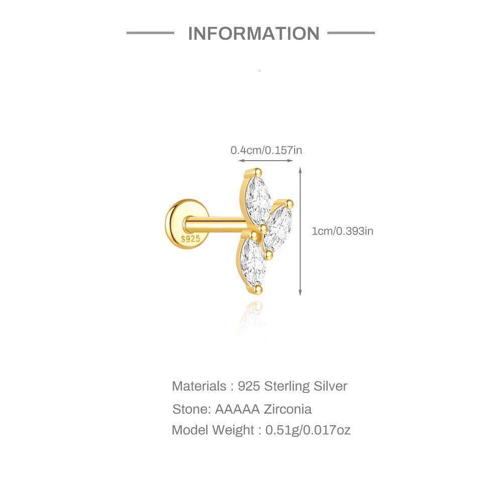 Aide 1PC Flower Tassel Crown Leaf Flat Head Piercing 925 Sterling Silver For Women Ins Minimalism Earring Pendientes