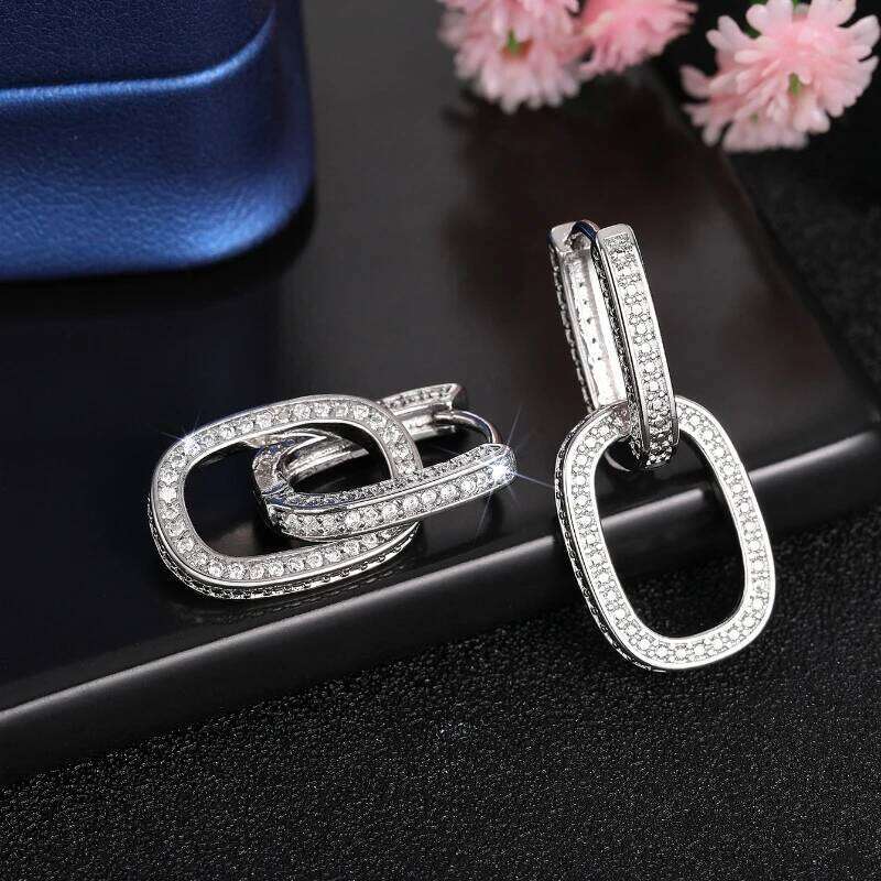 Huitan Geometric Oval Double Hoop Drop Earrings Lady Modern Fashion Jewelry with Bright Zirconia Trendy Accessories Gift