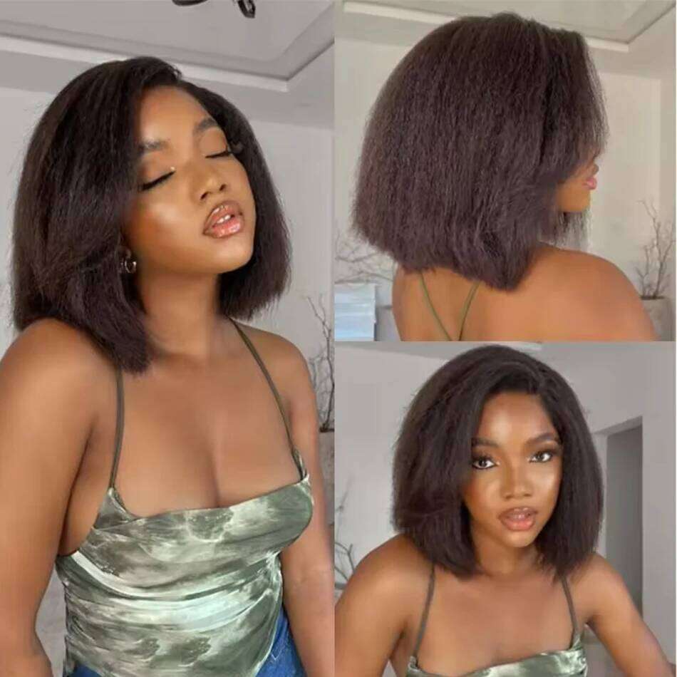 Glueless Kinky Straight Short Bob 100% Human Hair 13x4 Frontal HD Transparent Lace Peruvain Remy Soft Yaki Wear And Go Wig