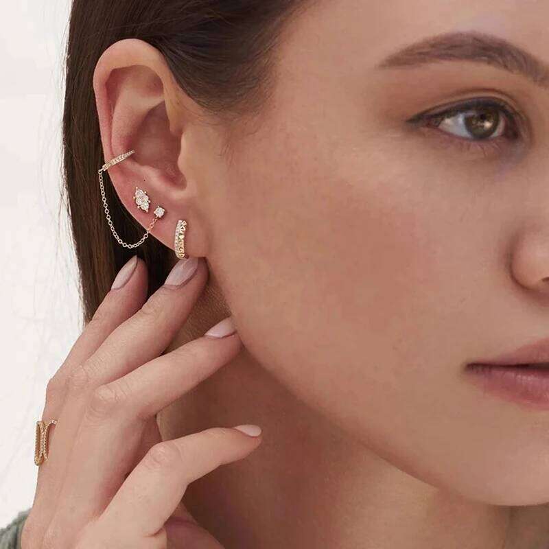 Aide 925 Sterling Silver Double Chain Ear Studs Micro Crystal Huggie Earrings Party DIY Jewelry Piercing Creative Earlobe Hoops