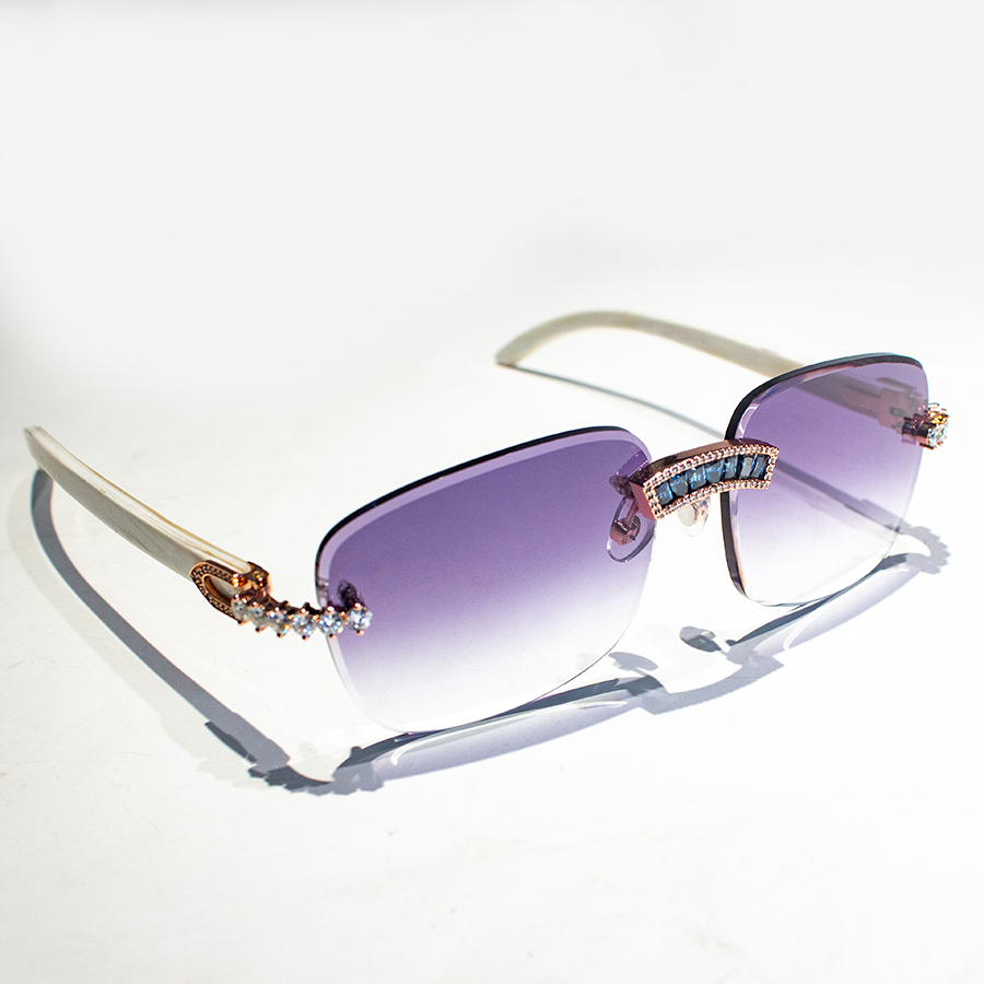 Custom Hip Hop Rapper Luxury Iced Out Mens Glasses Blue Gemstone Baguette Moissanite Rimless Buffalo Horn Sunglasses