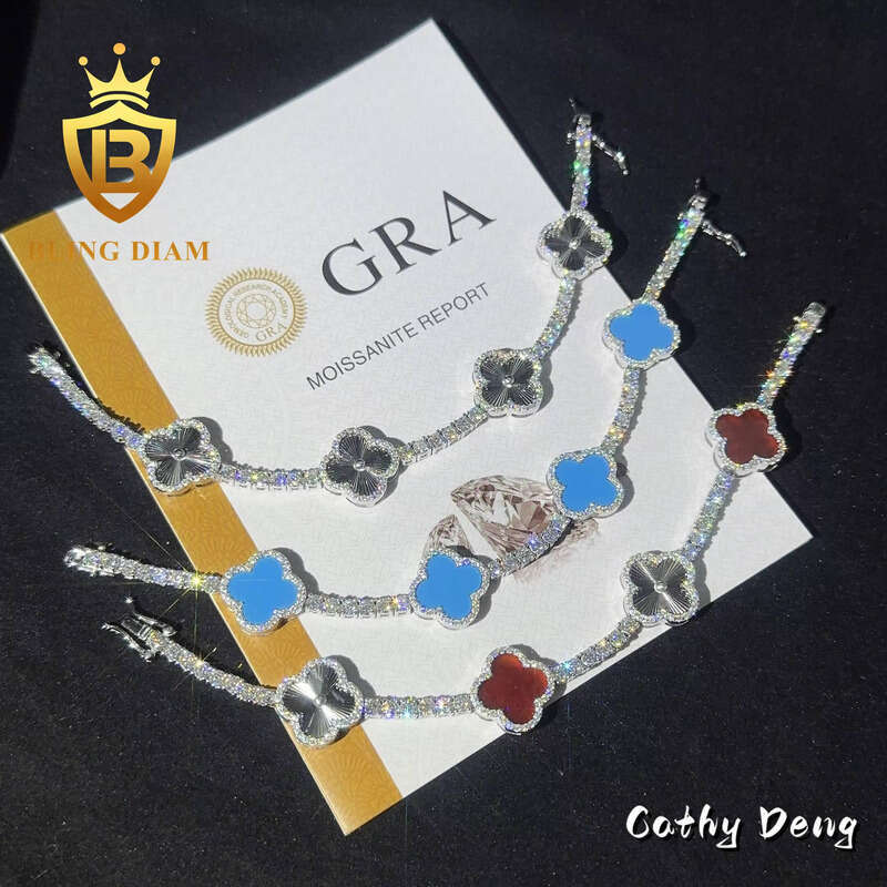 2024 New Fashion Clover Tennis Chain 925 Sterling Silver 3mm VVS Moissanite Bracelet Pass Diamond test