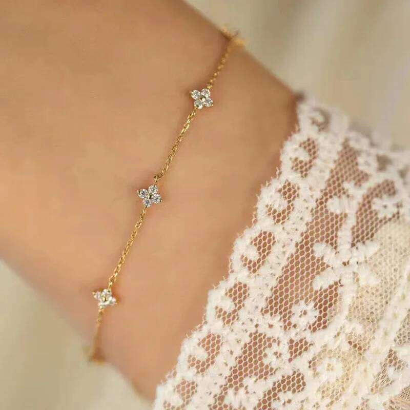 Aide Real S925 Sterling Silver Shinny White Zircon Chain Bracelets For Women Simple Luck Flower Bracelet Xmas Gift Jewelry Boho