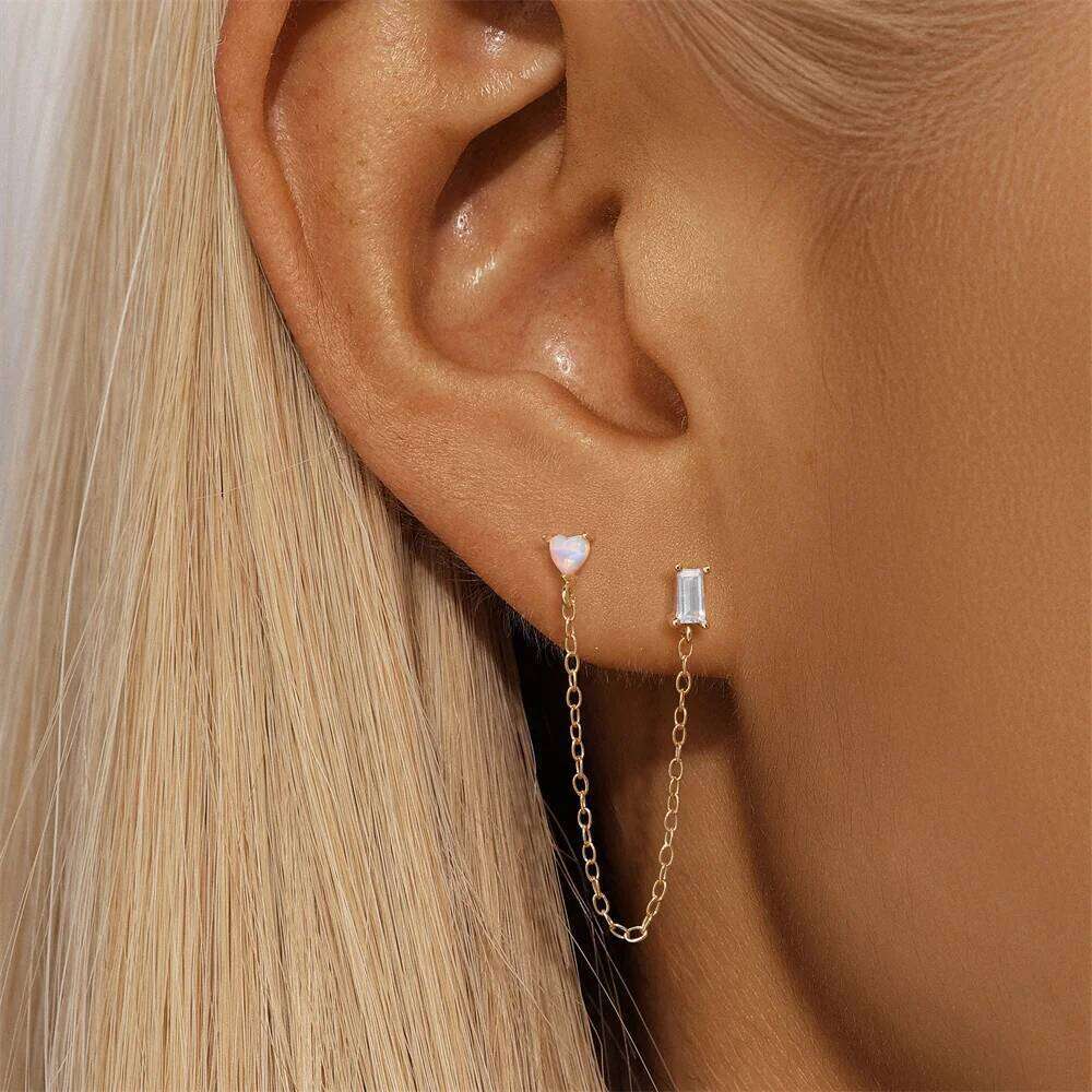 Aide 925 Sterling Silver Double Hole Link Chain Square Ear Stud Earrings for Women Gold Color Flower Cartilage Piercing Jewelry