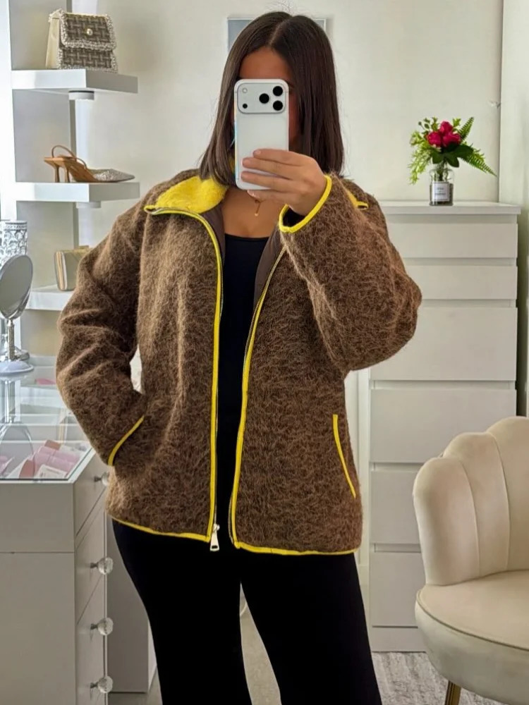 Casual Knitted Short Cardigan Women Chic Stand Collar Zipper Full Sleeves Pockets Loose Sweater Lady Winter Daily Outwear 251229