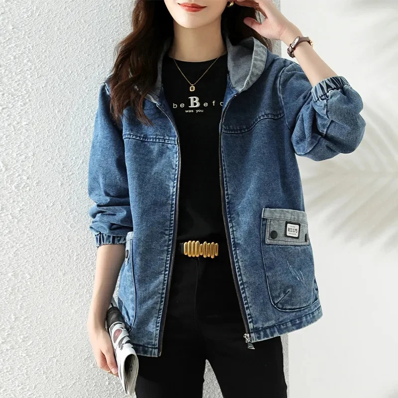 Women Denim Jacket Spring Autumn Long Sleeve Tops Female Casual Hooded Jeans Jackets Big pocket Cowgirl Outerwear 251231