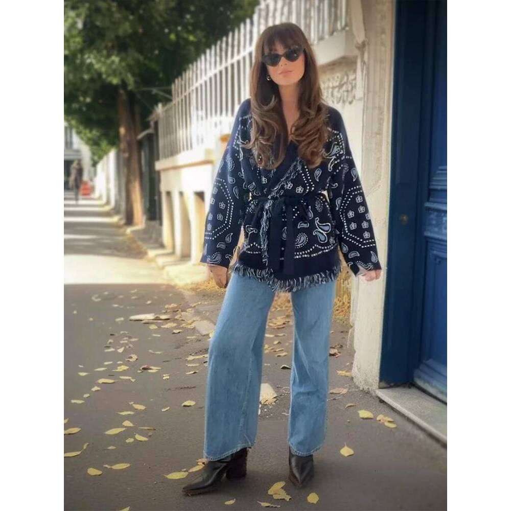 Tassel Patchwork Printed Cardigan Women Fashion V-Neck Long Sleeve Loose Outerwears Lady Autumn Daily Commute Street Cardigans