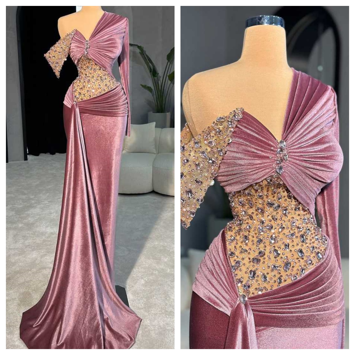 Elegant One Shoulder Mermaid Prom Gown Sexy Beaded Crystal Satin Evening Dresses Floor Length Customized Party Dress
