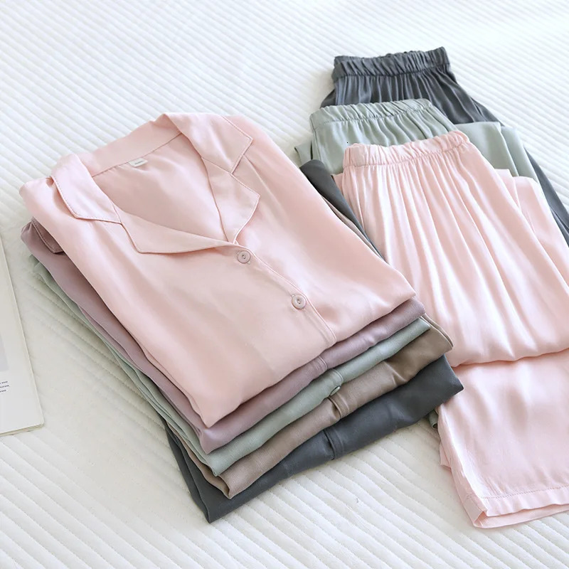 Men and Womens Cotton Silk Pajamas Thin Satin Home Clothing Long Sleeved Pants Spring Pajama Sets Pure Color Couple 2 Pcs 251231