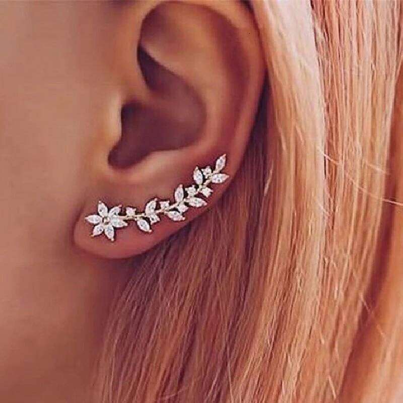 Huitan Aesthetic Flower Stud Climb Earrings Exquisite Women's Ear Accessories with Dazzling CZ New Fashion Jewelry