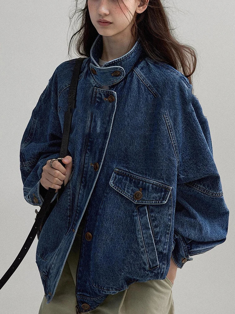 American Vintage Loose Denim Jacket Women Stand Collar Blue Workwear Streetwear Spring Autumn Cargo Jeans Coat Outerwear 251231