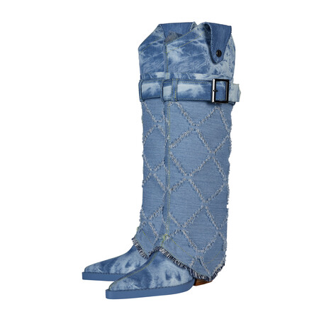 Chengdu Craftsmanship Washed Denim Knee High Boots 8.5cm Wedge Heel Pointed Toe Belt Buckle Boots