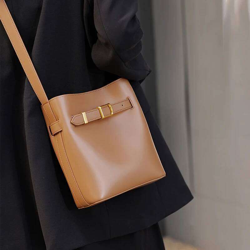 Women S Genuine Leather Cowhide Bucket Shoulder Bag Vintage Handbag Crossbody Luxury Commuting Handbag JINXIANGGUO TOTE