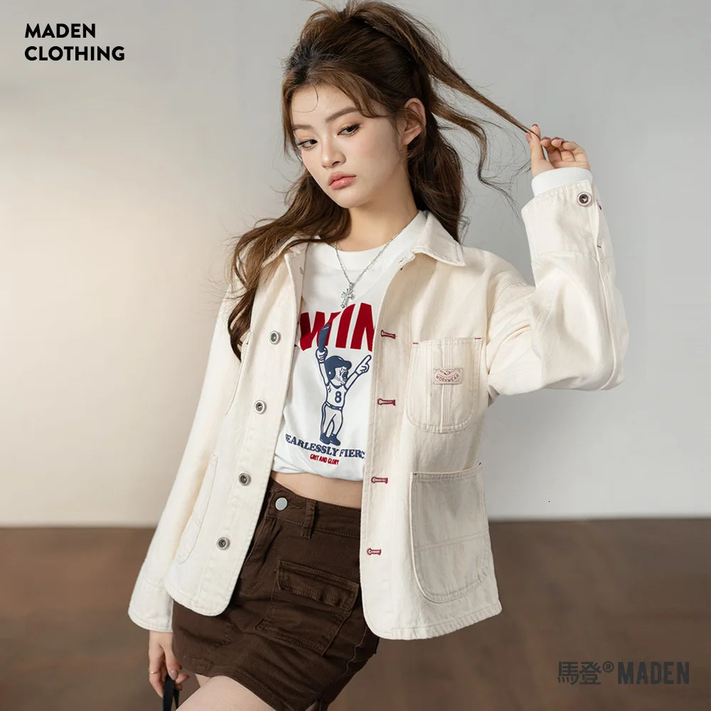 Maden Vintage White Denim Coat 112OZ Turndown Collar Jacket Loose Casual Single Breasted Women Clothing 251229