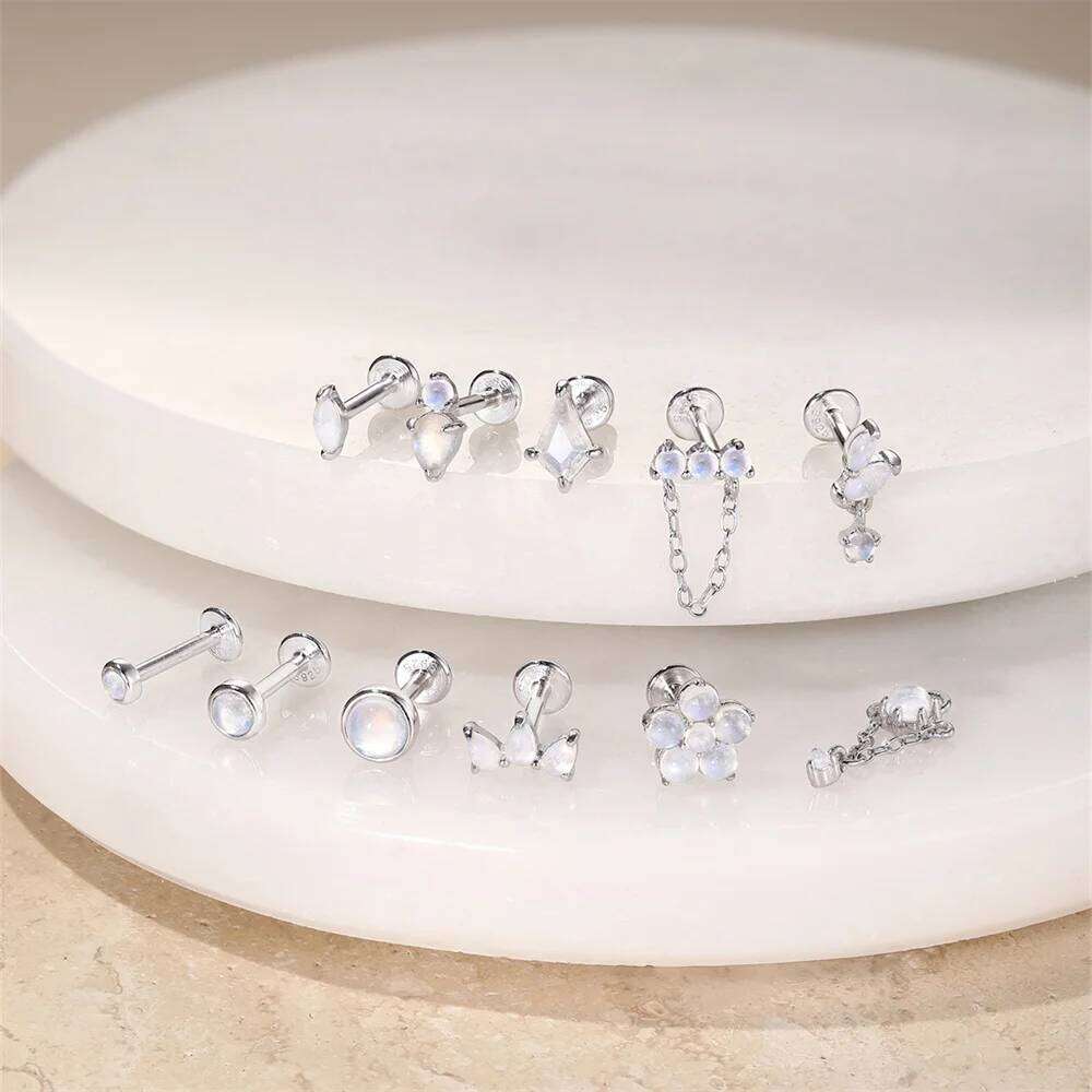 Aide 925 Sterling Bone Stud Earring For Women Silver Color Moonstone Stone Ear Studs Body Piercing Jewelry