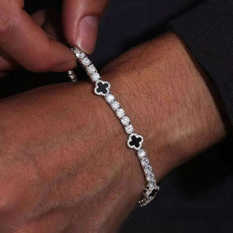 VVS Moissanite Hot Selling Four-leaf Clover 925 Silver Black Agate Fashion Jewelry Tennis Ice 3mm 4mm 5mm Chalcedony Bracelet