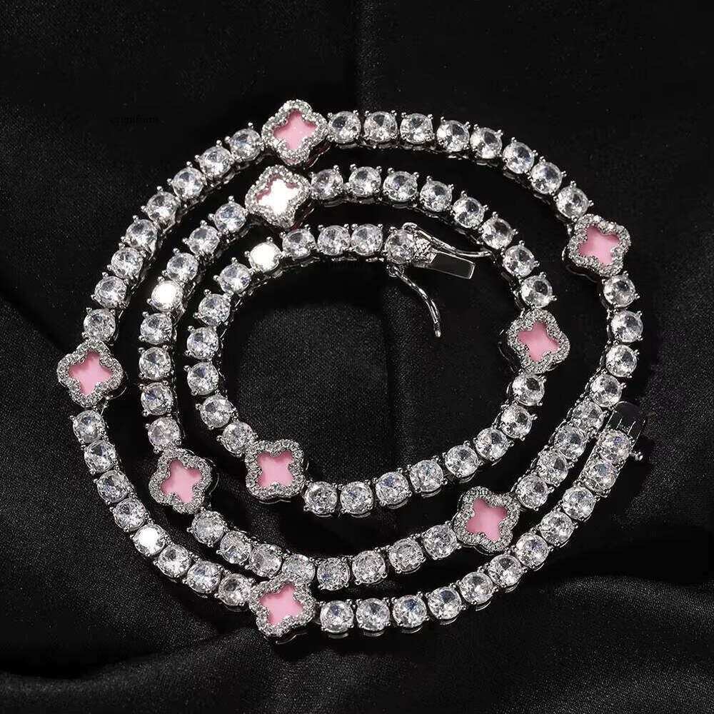 VVS Moissanite UWIN Mini Pink Gold-Plated 4-Leaf Clover 4mm Iced Tennis Chain Necklace Fashion Jewelry