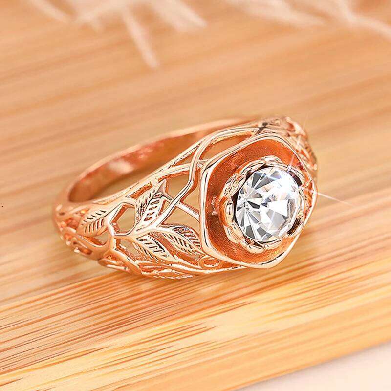 Huitan Aesthetic Rose Gold Color Flower Ring Female Engagement Accessories with Bright Zirconia Graceful Wedding Band Jewelry