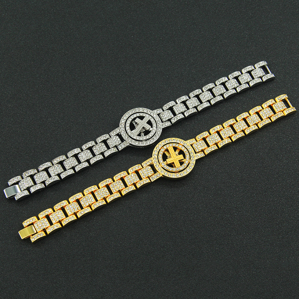 Luxury Brand Designer Jewelry European And American Personality Creative Hip-Hop Rotatable Cross Watch Chain Bracelet Men's Domineering Full Diam