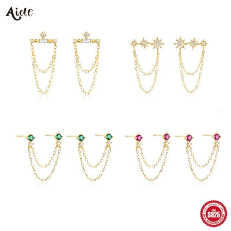 Aide 925 Sterling Silver Dual Chain Tassel Colored Zircon Two Stud Earrings For Women Elegant Piercing Bohemian Jewelry Gift