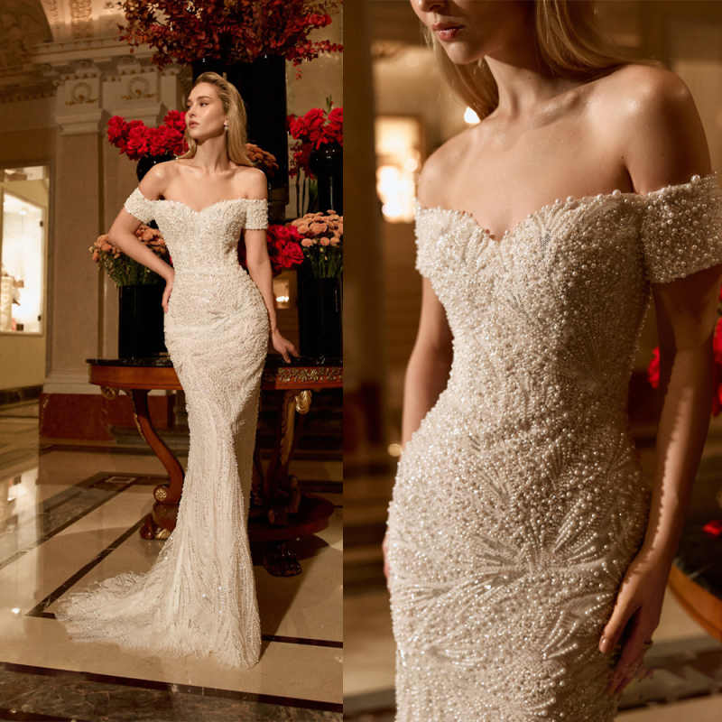 Elegant Off The Shoulder Wedding Dress Sexy Pearls Beaded Bridal Gown Luxurious Floor Length Mermaid Bride Dresses Customized