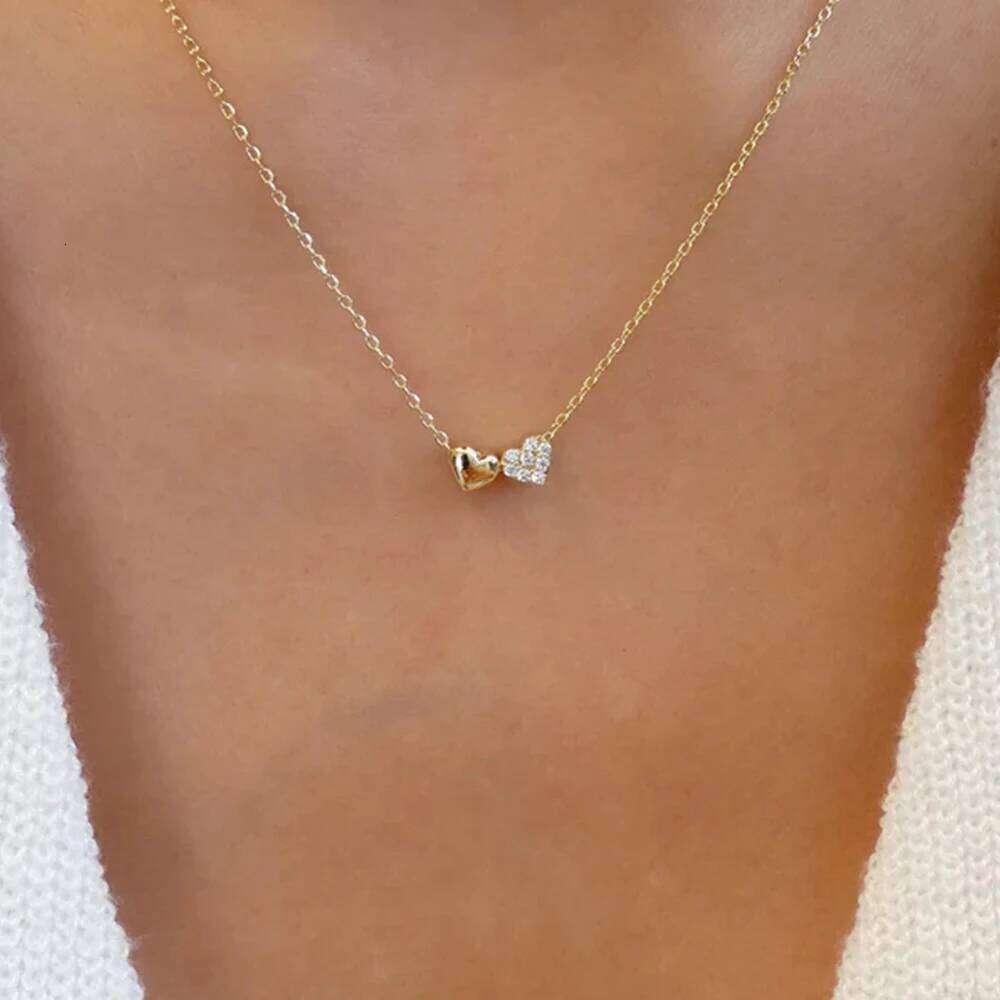 Aide 925 Sterling Silver Cute Smooth CZ Zircon Double Hearts Charm Necklaces For Women Clavicle Choker Valentine's gift for her