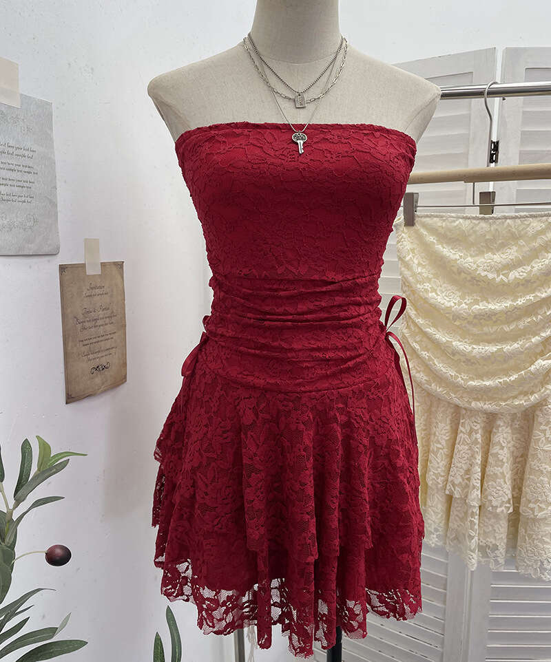 Real Shot Vintage Lace Patchwork Waist-Cinching Strapless Sexy Collarbone-Exposing Tiered Petite Short Dress 1272