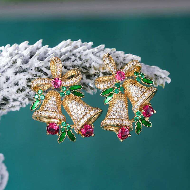 Huitan Gorgeous Bell Stud Earrings Women for Merry Christmas Full Bling Iced Out Cubic Zirconia Unique Trendy Jewelry