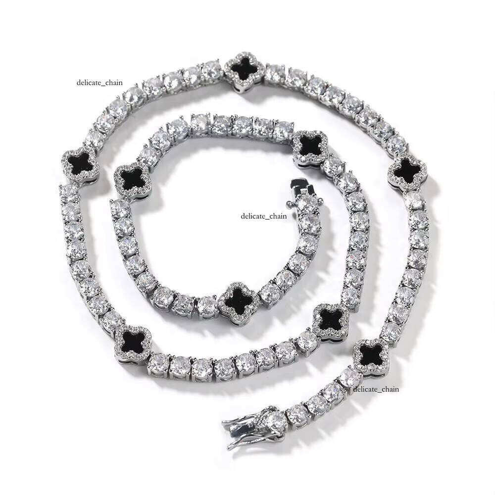 VVS Moissanite Hot-Selling New Brass 4mm Iced Straight Pull Elegant Black Four-Leaf Clover Tennis Chain Necklace Fashion Women's Jewelry