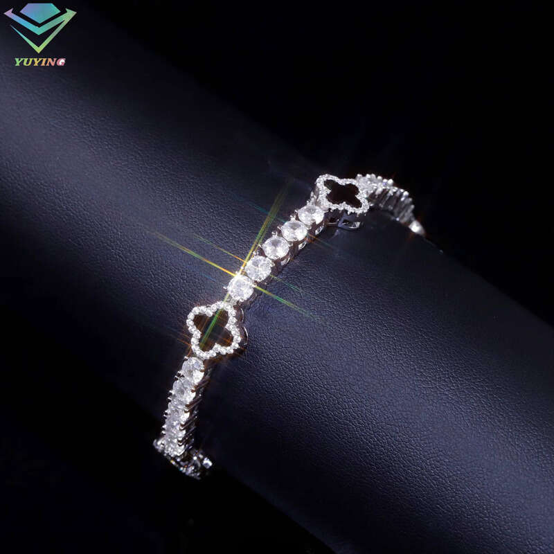 VVS Moissanite Hot Selling Four-leaf Clover 925 Silver Black Agate Fashion Jewelry Tennis Ice 3mm 4mm 5mm Chalcedony Bracelet