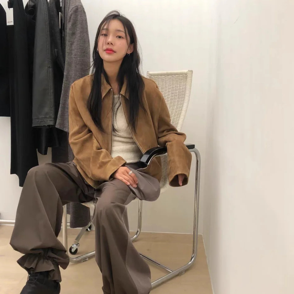 Lowclasic High Silver Zipper Suede Jaet Vintage Collar Slim Fit Outerwear Womens Commute Sle Regular Length 251229