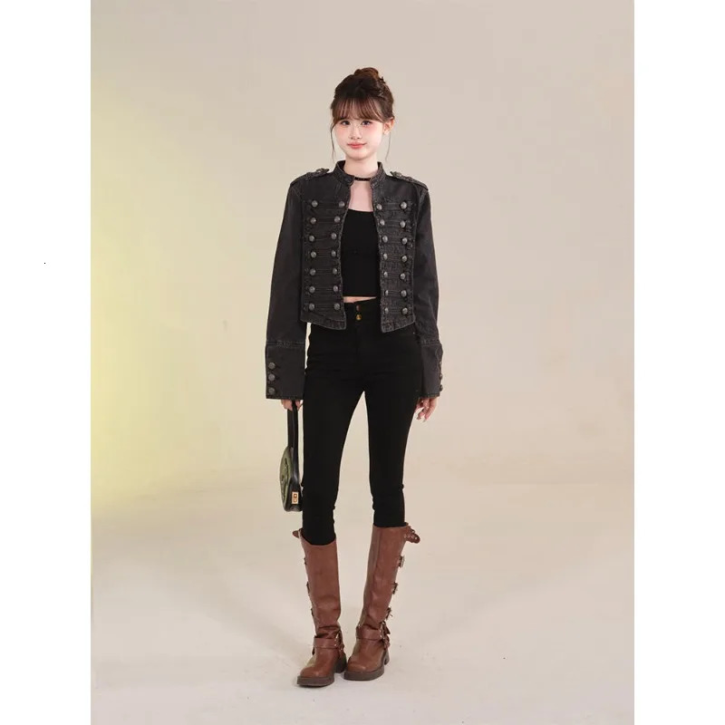 Womens Clothing Short Coat Jeans Jacket Retro Button n Slim Standup Collar Long Sleeves Denim Top 251229