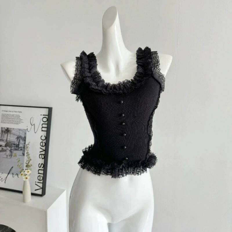 Pure desire, sweet spicy lace camisole vest, women's summer hot girl slim fit and slimming, knitted base, short sleevel